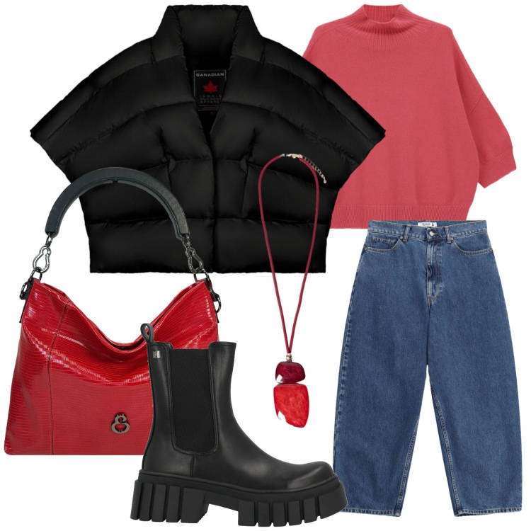 Outfit donna - Fine settimana fashion. Stile Casual per Tutti i giorni. Abbinamento con stivaletti, pullovers, jeans, ciondoli, borse a mano, piumini.