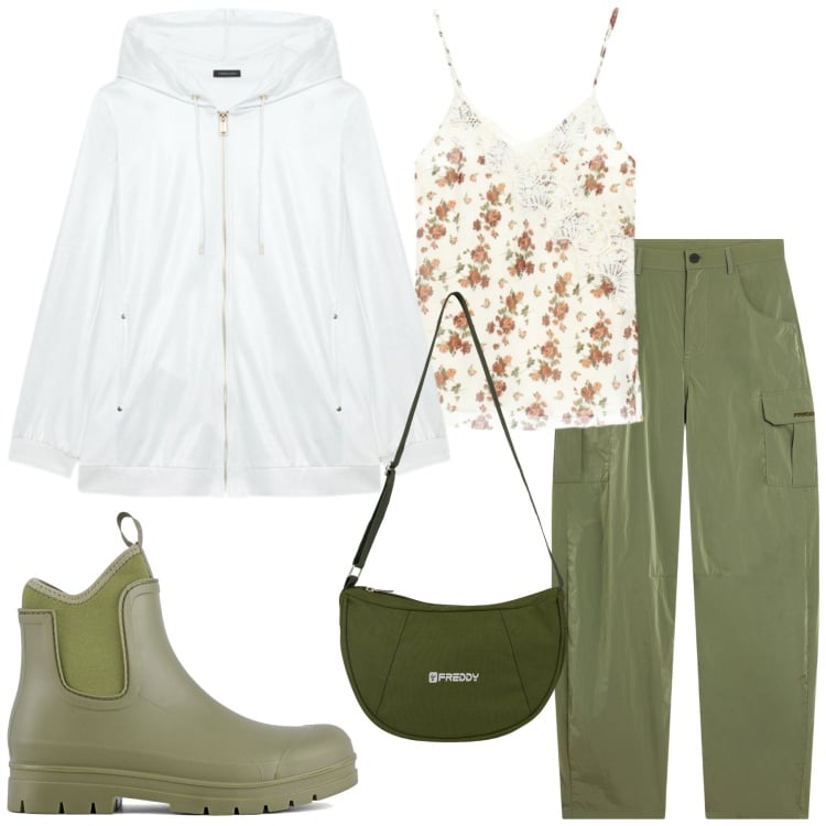 Outfit donna - Esplorazione Urbana e Natura. Stile Urban per Tutti i giorni. Abbinamento con top, pantaloni cargo, borse a spalla, felpe con cappuccio, collane, stivali.