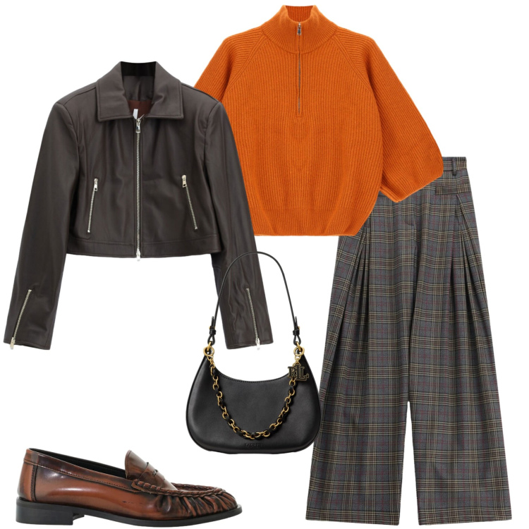 Outfit donna - Tartan fall colors. Stile Casual chic per Ufficio. Abbinamento con pantaloni a palazzo, mocassini, giacche, maglieria, borse a spalla.