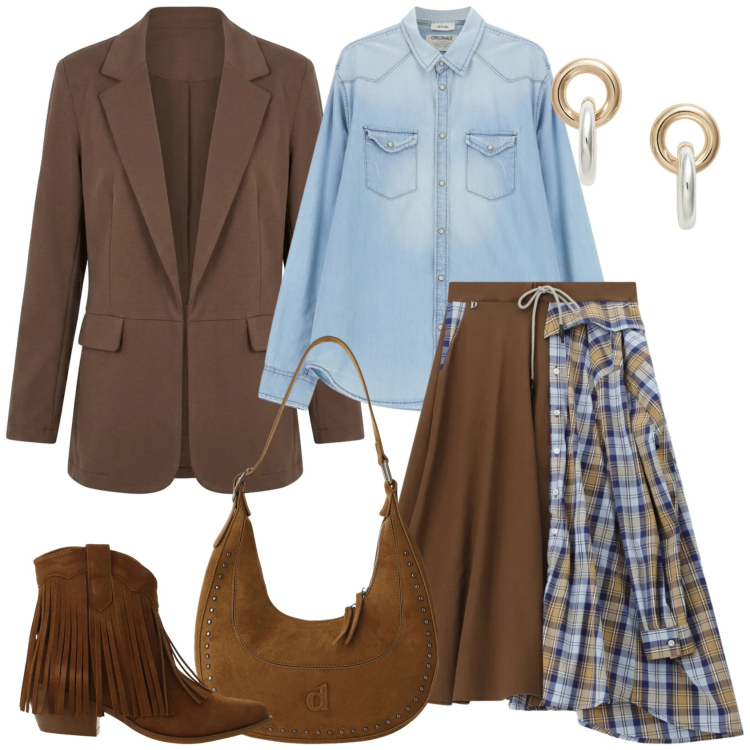 Outfit donna - Quasi country. Stile Trendy per Scuola/Università. Abbinamento con stivaletti texani, gonne longuette, camicie, borse a spalla, blazer, orecchini.