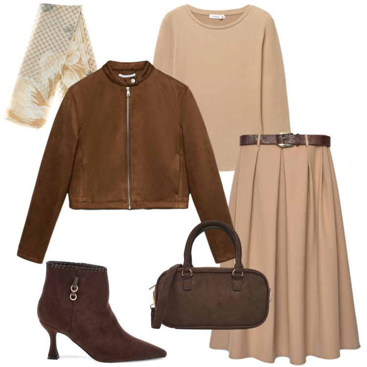 Outfit donna - Terranova curvy. Stile Urban per Ufficio. Abbinamento con giacche, gonne lunghe, t-shirt, borse a tracolla, foulard, stivaletti.