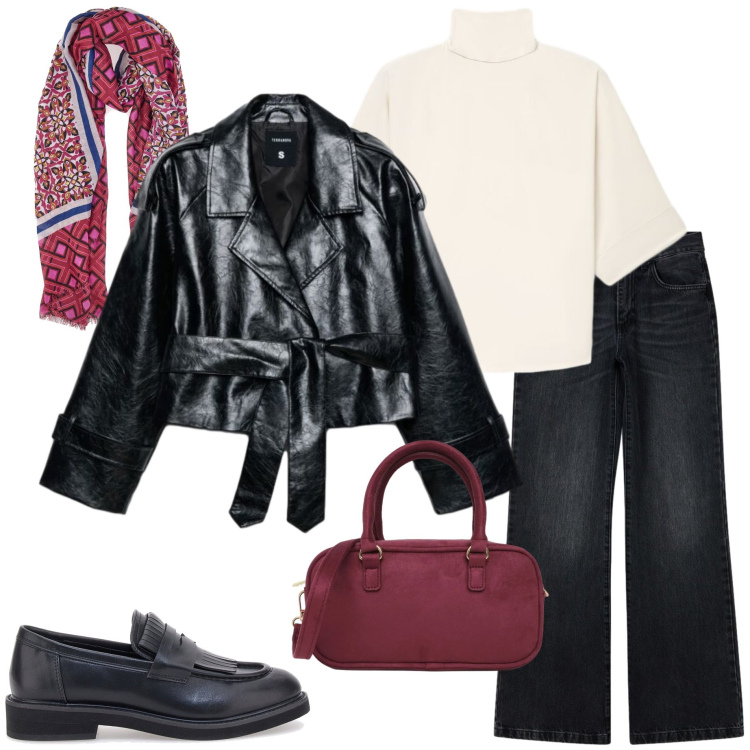 Outfit donna - Terranova curvy. Stile Casual chic per Tutti i giorni. Abbinamento con bluse, jeans bootcut, borse a tracolla, trench, mocassini, foulard.