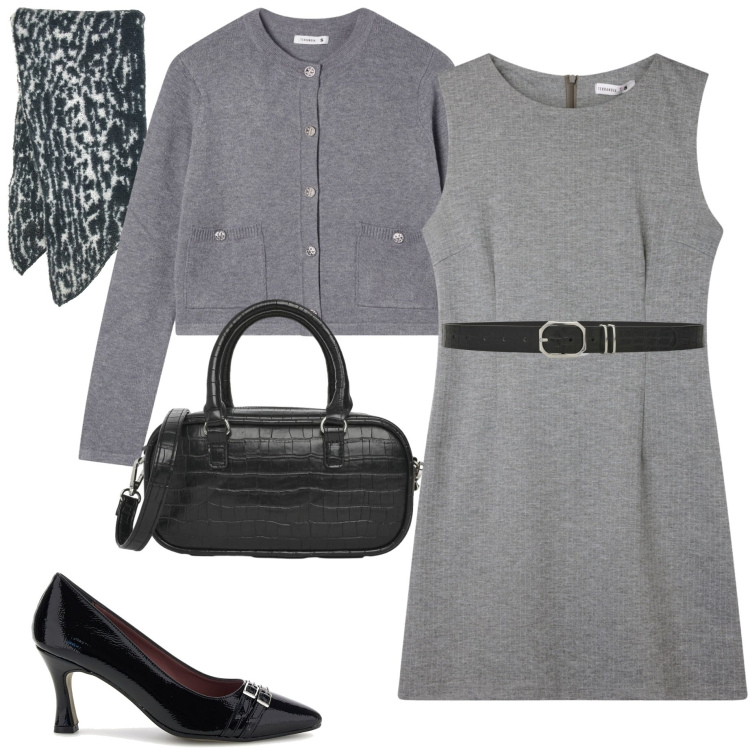 Outfit donna - Terranova curvy. Stile Casual chic per Ufficio. Abbinamento con cardigans, vestiti senza maniche, borse a tracolla, cinture, sciarpe, décolleté.