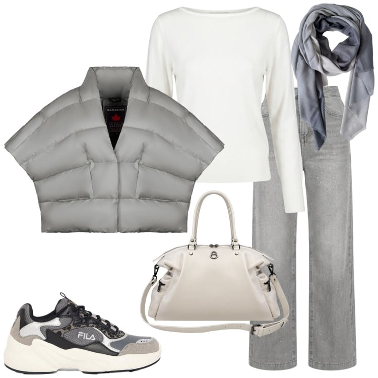 Outfit donna - Urban autunnale. Stile Urban per Tutti i giorni. Abbinamento con sneakers, maglieria, shopping bag, foulard, piumini, jeans.