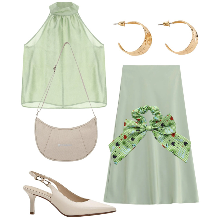 Outfit donna - Total look #2469713. Stile Chic per Cerimonia. Abbinamento con décolleté, orecchini, top, gonne longuette, accessori per capelli, borse a spalla.