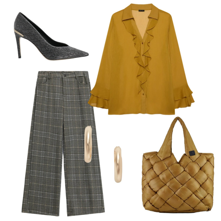 Outfit donna - Tacchi e pantalone morbido. Stile Trendy per Ufficio. Abbinamento con décolleté, pantaloni, bluse, borse tote, orecchini.