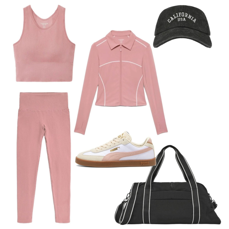 Outfit donna - Pink Active Vibes. Stile Sporty chic per Sport. Abbinamento con cappelli con visiera, felpe sportive, borse sportive, leggings sportivo, top sportivi, sneakers.