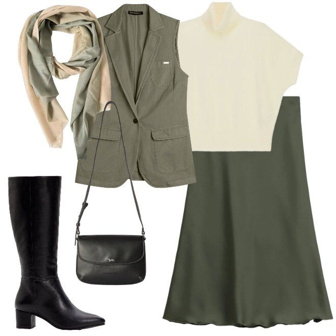 Outfit donna - Verde e panna. Stile Urban per Tutti i giorni. Abbinamento con stivali, borse a tracolla, maglieria, gonne longuette, gilet, foulard.
