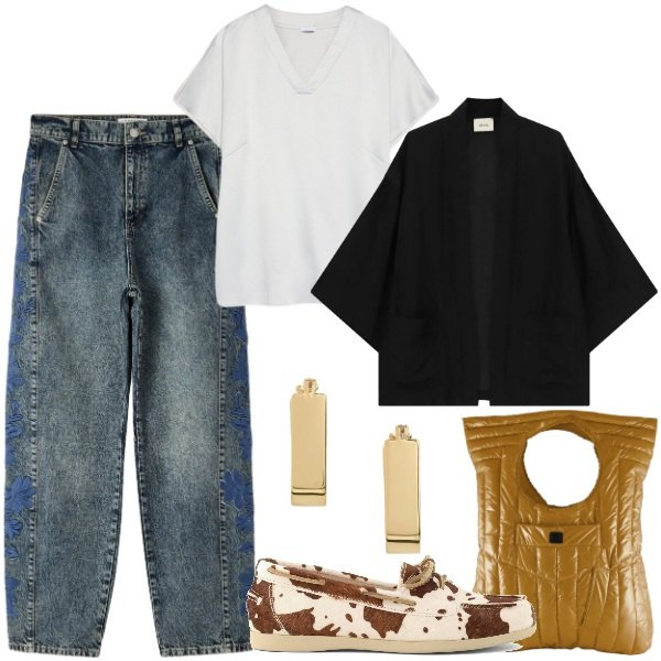 Outfit donna - Jeans e t-shirt a settembre. Stile Urban per Tutti i giorni. Abbinamento con blazer, jeans, t-shirt, borse a mano, orecchini, mocassini.