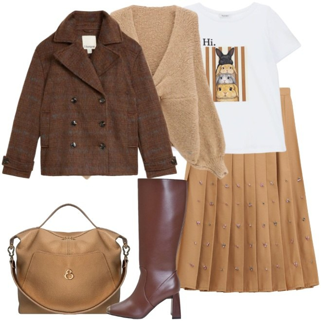 Outfit donna - Tra marrone e gold. Stile Urban per Tutti i giorni. Abbinamento con caban, gonne longuette, stivali sopra il ginocchio, cardigans, t-shirt, borse a mano.