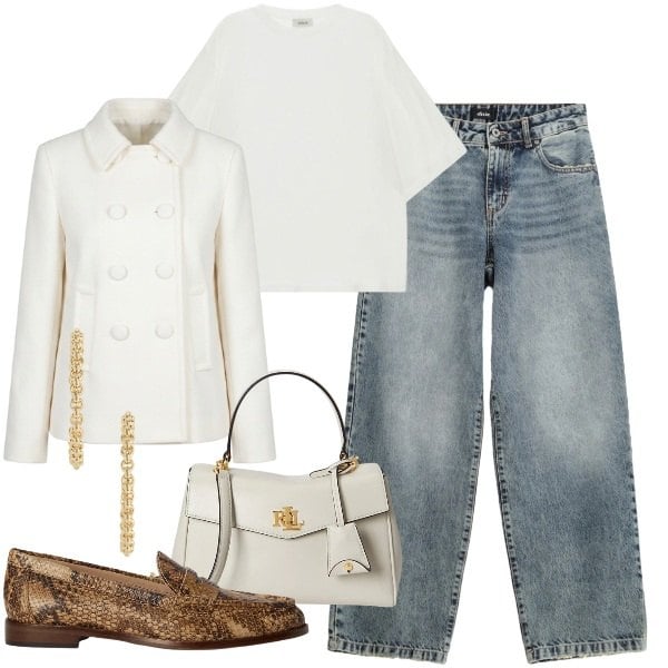 Outfit donna - Back to denim. Stile Urban per Tutti i giorni. Abbinamento con t-shirt, jeans dritti, blazer, mocassini, borse a mano, orecchini.