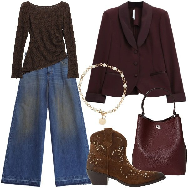 Outfit donna - Back to denim. Stile Urban per Tutti i giorni. Abbinamento con blazer, t-shirt, stivaletti texani, jeans, collane, borse a secchiello.