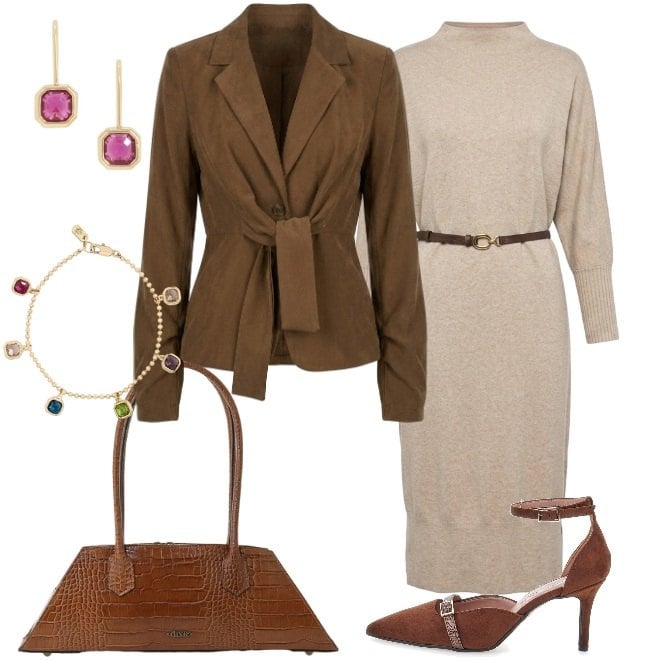 Outfit donna - Abito in maglia. Stile Urban per Tutti i giorni. Abbinamento con borse a spalla, blazer, vestiti midi/longuette, orecchini, braccialetti, décolleté.
