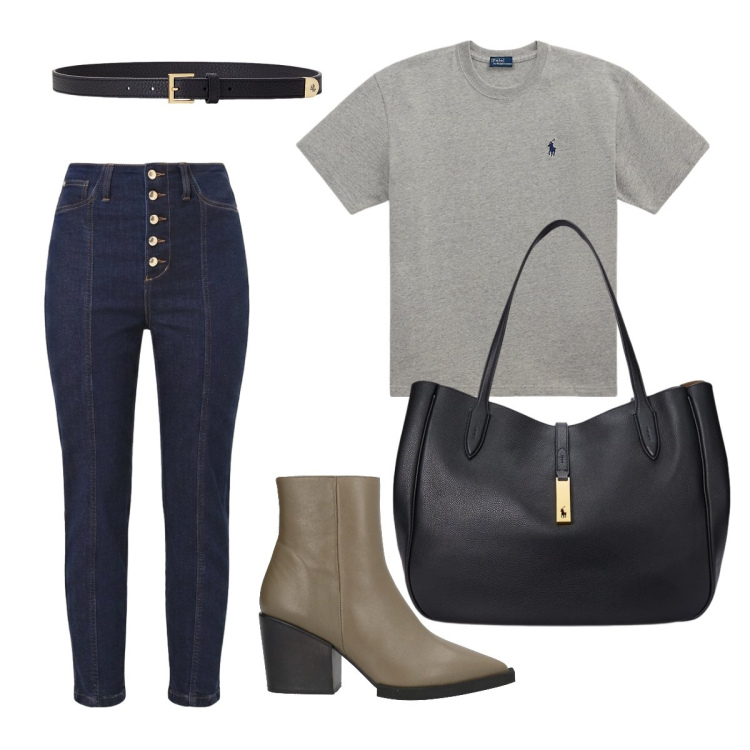 Outfit donna - Settembre. Stile Minimal per Ufficio. Abbinamento con stivaletti, jeans, t-shirt, cinture, borse tote.