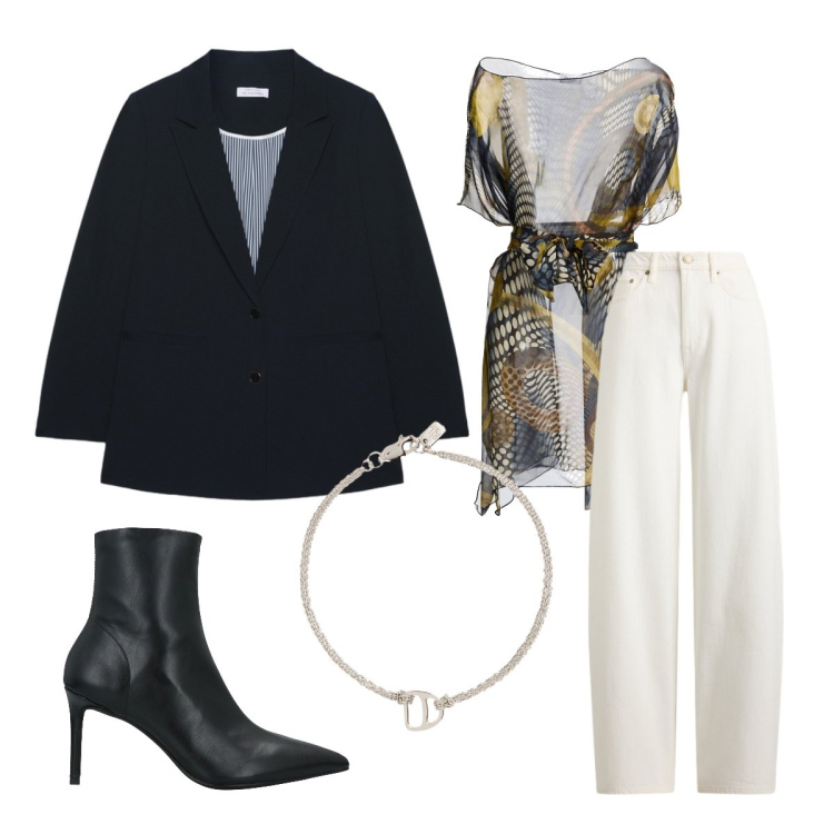 Outfit donna - Settembre curvy. Stile Bon Ton per Serata fuori. Abbinamento con top, stivaletti, blazer, jeans, braccialetti con ciondoli.