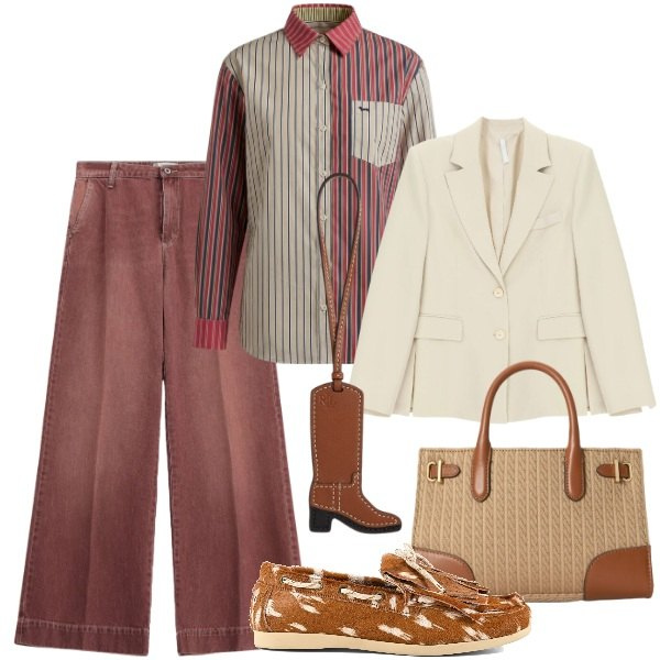 Outfit donna - Denim chocolate. Stile Urban per Tutti i giorni. Abbinamento con camicie, blazer, jeans, ciondoli, borse tote, mocassini.