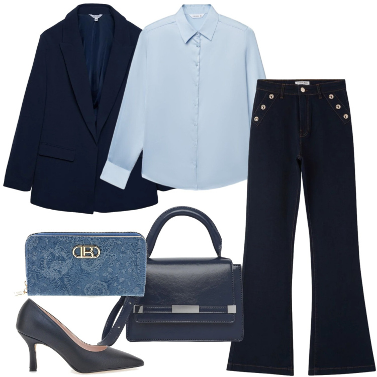 Outfit donna - Terranova - Curvy back to. Stile Mannish per Ufficio. Abbinamento con jeans, camicie, blazer, borse a tracolla, décolleté, portafogli.