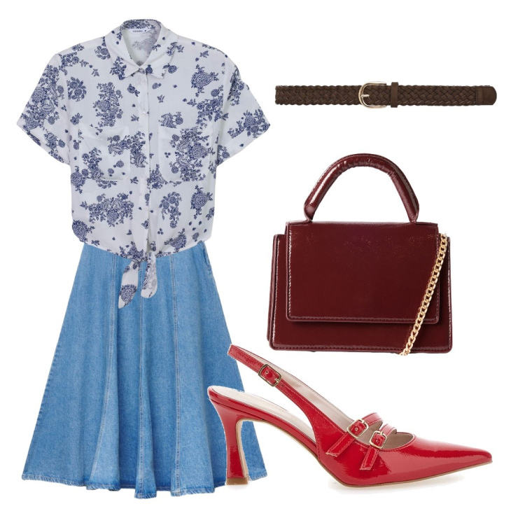 Outfit donna - Rientro in denim. Stile Romantica per Ufficio. Abbinamento con camicie a manica corta, borse a tracolla, gonne lunghe, cinture, décolleté.