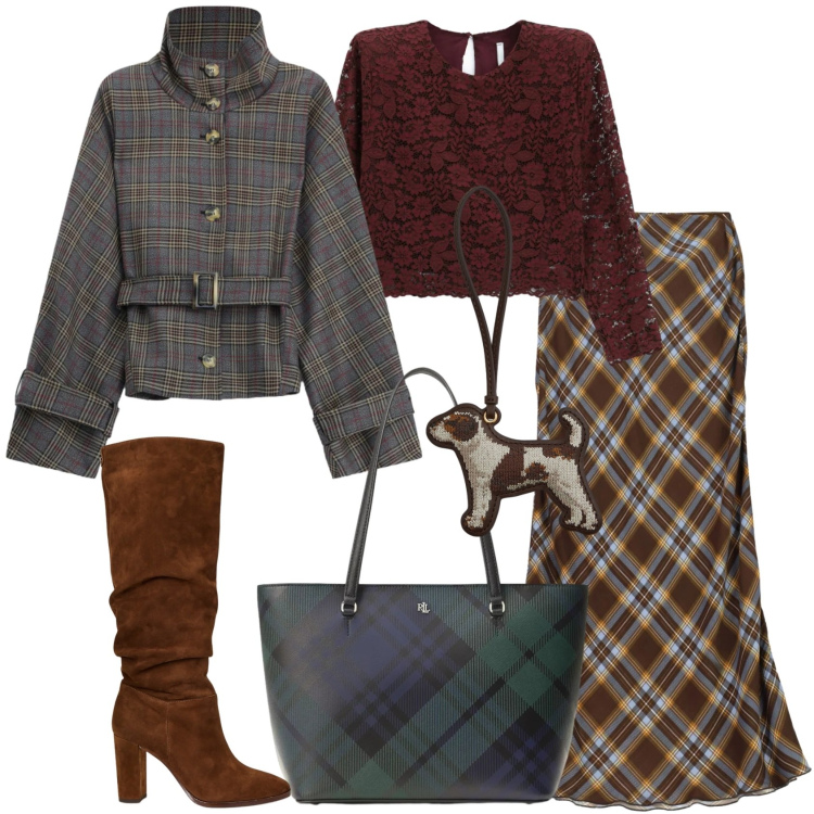 Outfit donna - Tartan & Fall Colors. Stile Casual chic per Tutti i giorni. Abbinamento con t-shirt, cappotti, gonne lunghe, stivali, portachiavi, borse tote.