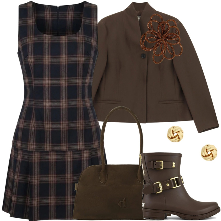 Outfit donna - Tubino in Tartan fall vibes. Stile Casual chic per Ufficio. Abbinamento con borse a spalla, blazer, vestiti corti, accessori per capelli, orecchini, stivaletti.