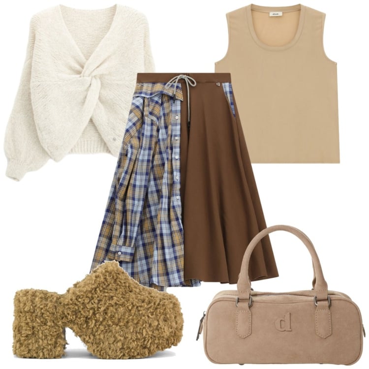 Outfit donna - È arrivato l\'autunno!. Stile Trendy per Tutti i giorni. Abbinamento con gonne longuette, borse a mano, canottiere, maglieria, sabot.