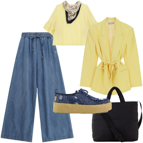 Outfit donna - Giallo vivace. Stile Urban per Tutti i giorni. Abbinamento con shopping bag, jeans, t-shirt, blazer, scarpe stringate.