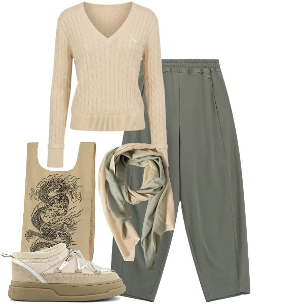 Outfit donna - Verde e beige. Stile Urban per Tutti i giorni. Abbinamento con pullovers, pantaloni, foulard, shopping bag, stivaletti.