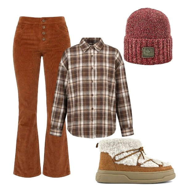Outfit donna - Andar per funghi. Stile Sporty chic per Sport. Abbinamento con berretti, pantaloni, camicie, stivaletti.
