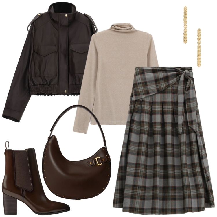Outfit donna - Fall in tartan. Stile Casual chic per Ufficio. Abbinamento con giacche, gonne longuette, t-shirt, stivaletti, borse a spalla, orecchini.