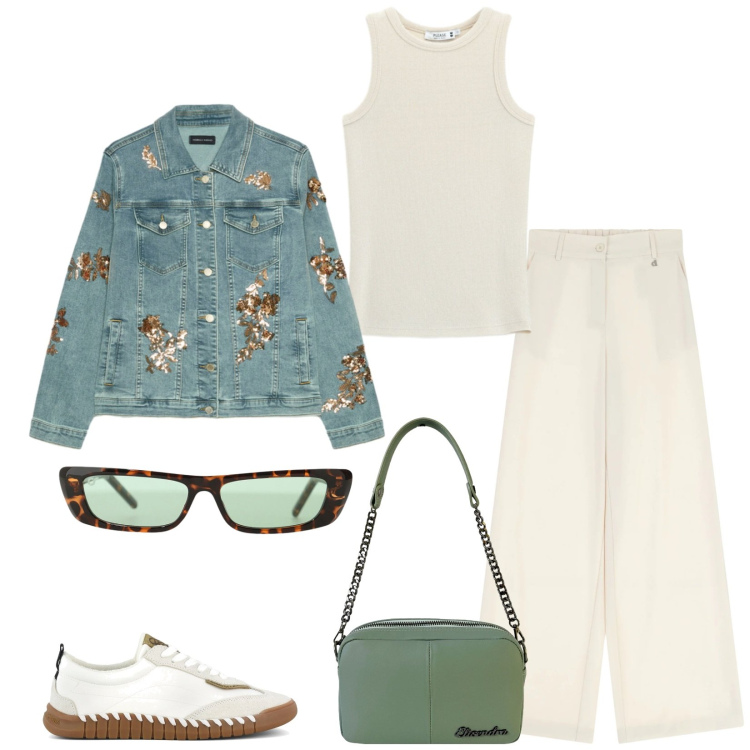 Outfit donna - Total look #2469802. Stile Casual per Tutti i giorni. Abbinamento con occhiali da sole, pantaloni a palazzo, canottiere, blazer, borse a tracolla, sneakers.