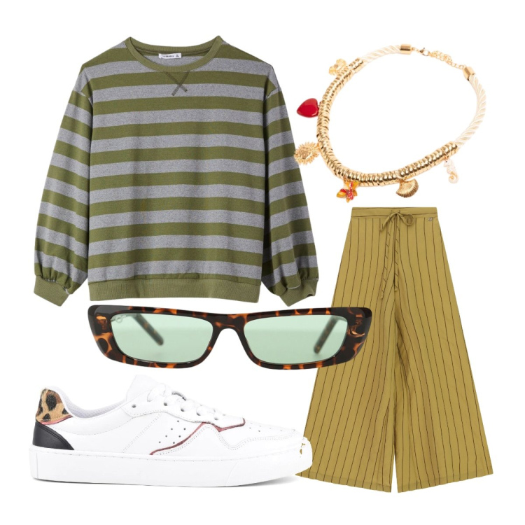 Outfit donna - T shirt a righe. Stile Casual per Tutti i giorni. Abbinamento con occhiali da sole, pantaloni a palazzo, t-shirt, collane, sneakers.