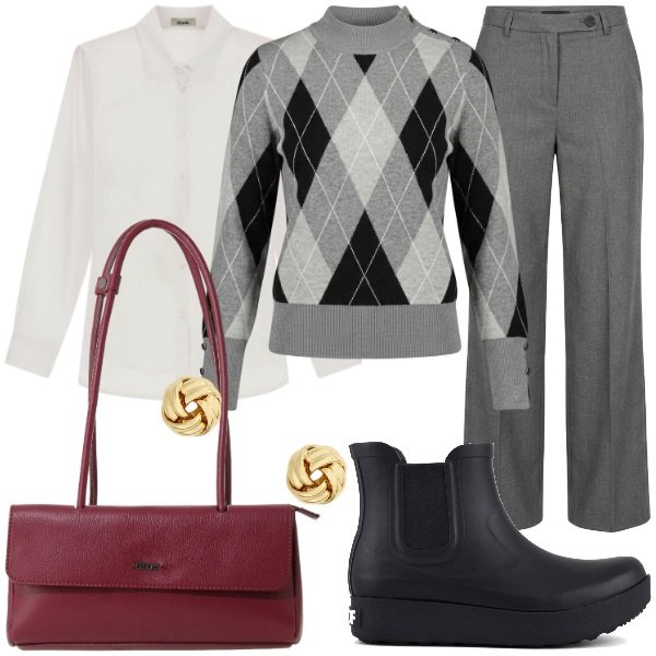 Outfit donna - trama a quadri autunnale. Stile Preppy per Tutti i giorni. Abbinamento con camicie, borse a spalla, pantaloni a palazzo, pullovers, orecchini, stivali.