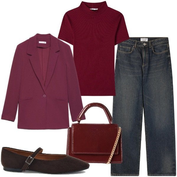 Outfit donna - Terranova - Curvy Back To. Stile Trendy per Ufficio. Abbinamento con borse a tracolla, jeans dritti, blazer, t-shirt, ballerine.
