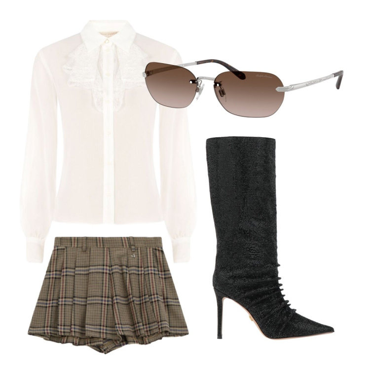 Outfit donna - Settembre. Stile Preppy per Serata fuori. Abbinamento con stivali, pantaloni corti, camicie, occhiali da sole.