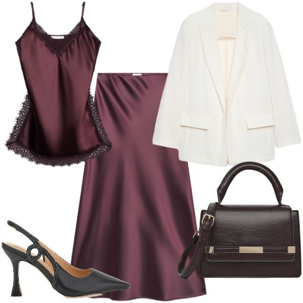 Outfit donna - Terranova - Curvy Back To. Stile Bon Ton per Ufficio. Abbinamento con gonne lunghe, top, blazer, borse a tracolla, décolleté.