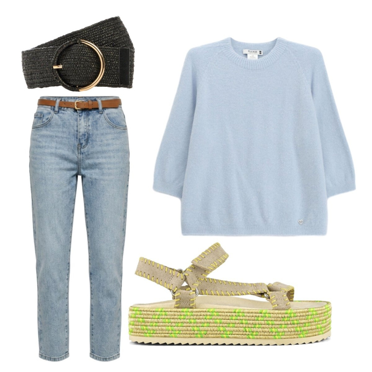 Outfit donna - Settembre. Stile Basic per Tutti i giorni. Abbinamento con cinture, maglieria, jeans mom, sandali.
