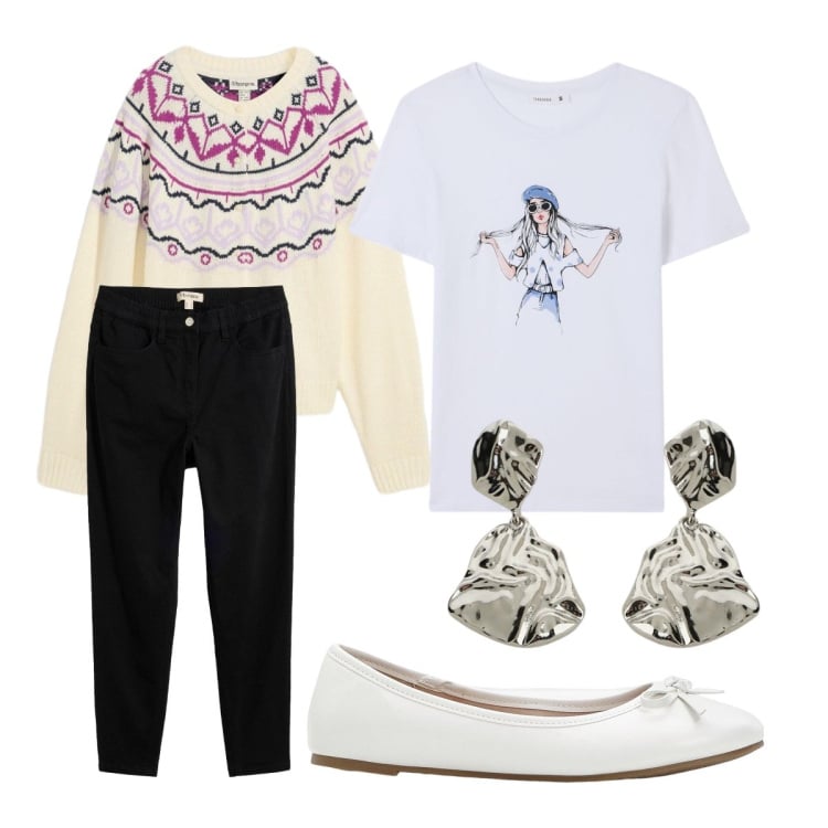 Outfit donna - Settembre. Stile Basic per Tutti i giorni. Abbinamento con ballerine, cardigans, pantaloni, t-shirt, orecchini.