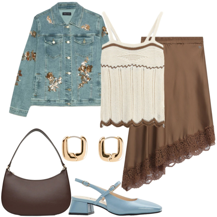 Outfit donna - Aperitivo di settembre. Stile Casual chic per Serata fuori. Abbinamento con décolleté, orecchini, borse a tracolla, top, gonne longuette, blazer.