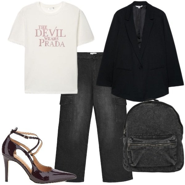 Outfit donna - Terranova - Curvy Back To. Stile Urban per Ufficio. Abbinamento con zaini, jeans, t-shirt, blazer, décolleté.