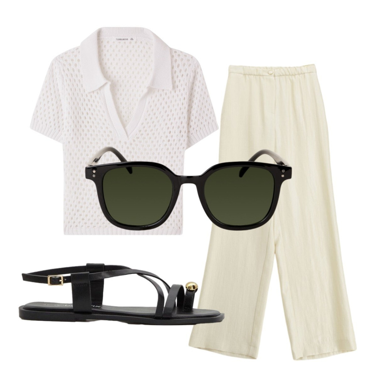 Outfit donna - Casual style. Stile Casual per Tutti i giorni. Abbinamento con sandali, polo, occhiali da sole, pantaloni a palazzo.