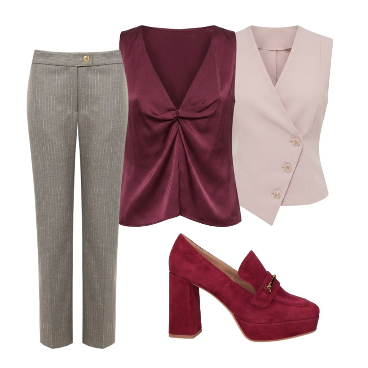 Outfit donna - Settembre. Stile Mannish per Ufficio. Abbinamento con mocassini, top, gilet, pantaloni.