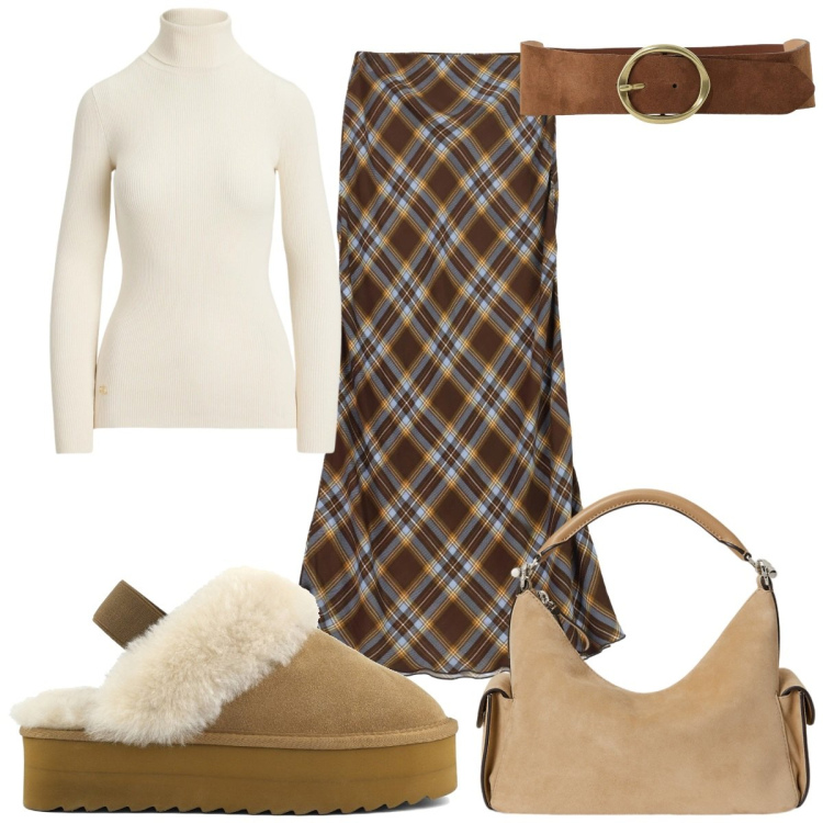 Outfit donna - Una splendida gonna tartan. Stile Trendy per Tutti i giorni. Abbinamento con gonne lunghe, cinture, borse a spalla, pullovers, sabot.