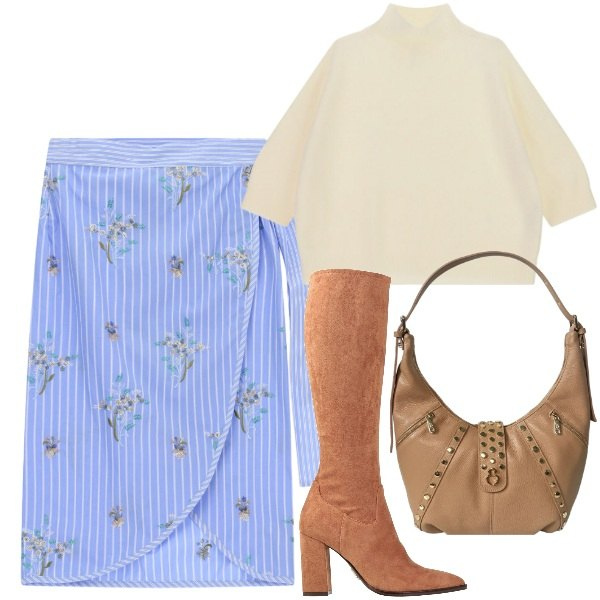 Outfit donna - Gonna pareo a settembre. Stile Trendy per Tutti i giorni. Abbinamento con stivali, maglieria, gonne longuette, borse a spalla.