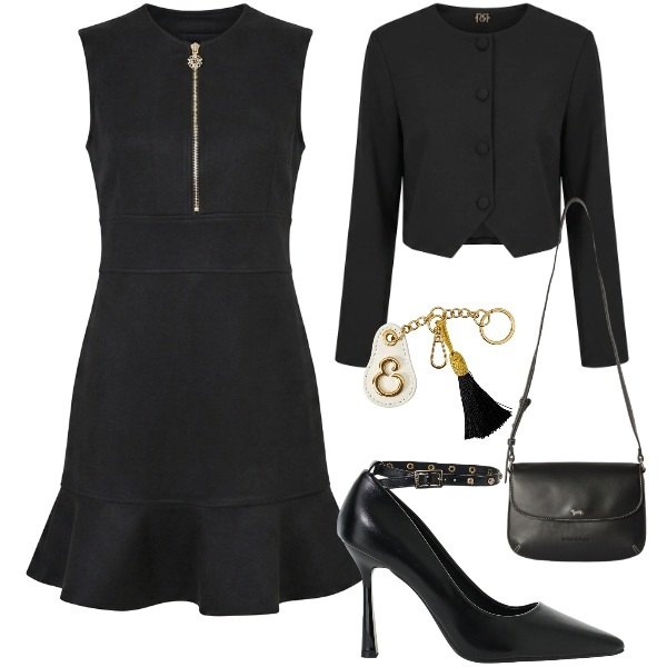 Outfit donna - Total black. Stile Chic per Cerimonia. Abbinamento con borse a tracolla, décolleté, vestiti senza maniche, blazer, portachiavi.