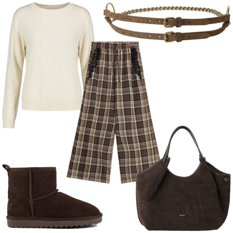 Outfit donna - Tartan & Fall Colors i pantaloni. Stile Trendy per Tutti i giorni. Abbinamento con cinture, borse a spalla, pantaloni a palazzo, maglieria, stivali.