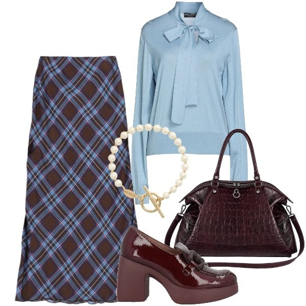 Outfit donna - maglia con fiocco vintage. Stile Vintage retrò per Ufficio. Abbinamento con pullovers, mocassini, gonne lunghe, shopping bag, braccialetti.