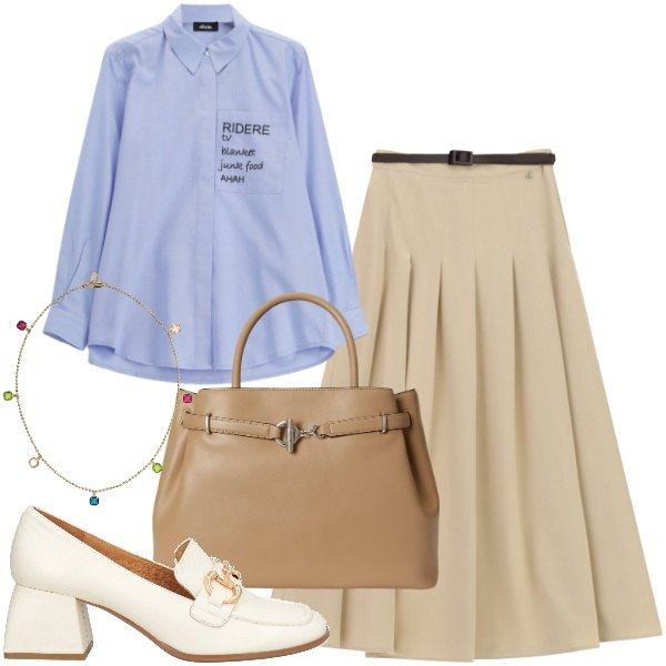 Outfit donna - Ufficio settembre. Stile Bon Ton per Ufficio. Abbinamento con mocassini, gonne lunghe, camicie, borse a mano, collane.