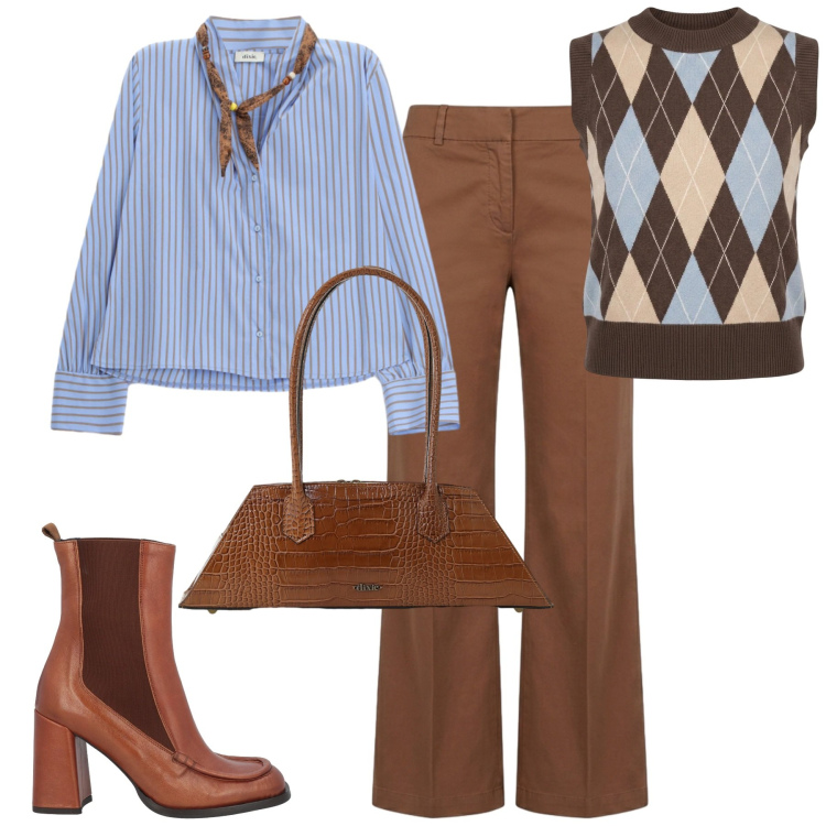 Outfit donna - City. Stile Casual chic per Tutti i giorni. Abbinamento con stivaletti chelsea, pantaloni, camicie, borse a spalla, maglieria.