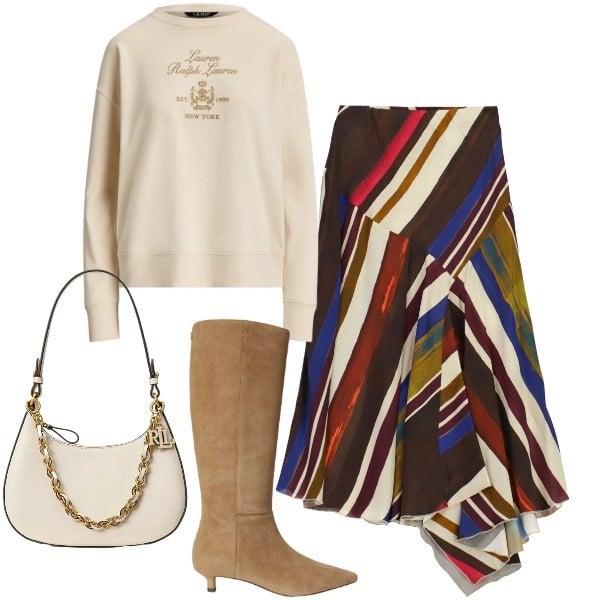Outfit donna - Settembre. Stile Trendy per Ufficio. Abbinamento con gonne longuette, borse a spalla, pullovers, stivali.