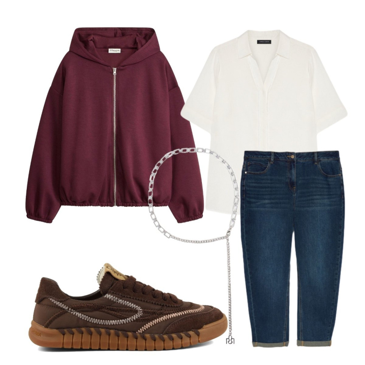 Outfit donna - Settembre. Stile Sporty chic per Tutti i giorni. Abbinamento con felpe con cappuccio, cinture, jeans, camicie a manica corta, sneakers.